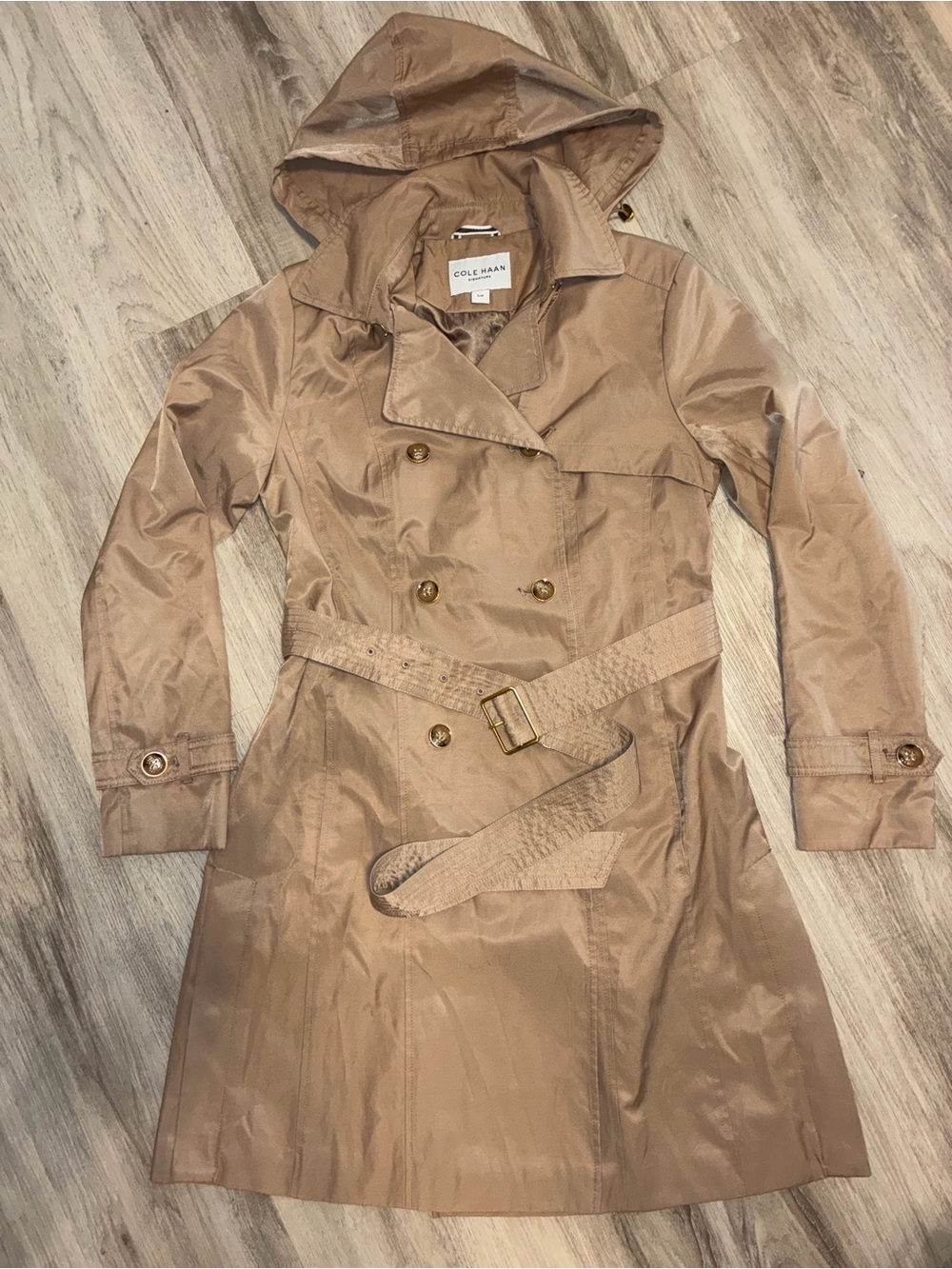 Cole Haan Women's Hooded Tan Trench Coat with Belt